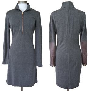 LAUREN Ralph Lauren Gray 1/4 Zip Mock Sheath Dress Size 10 Leather Long Sleeve